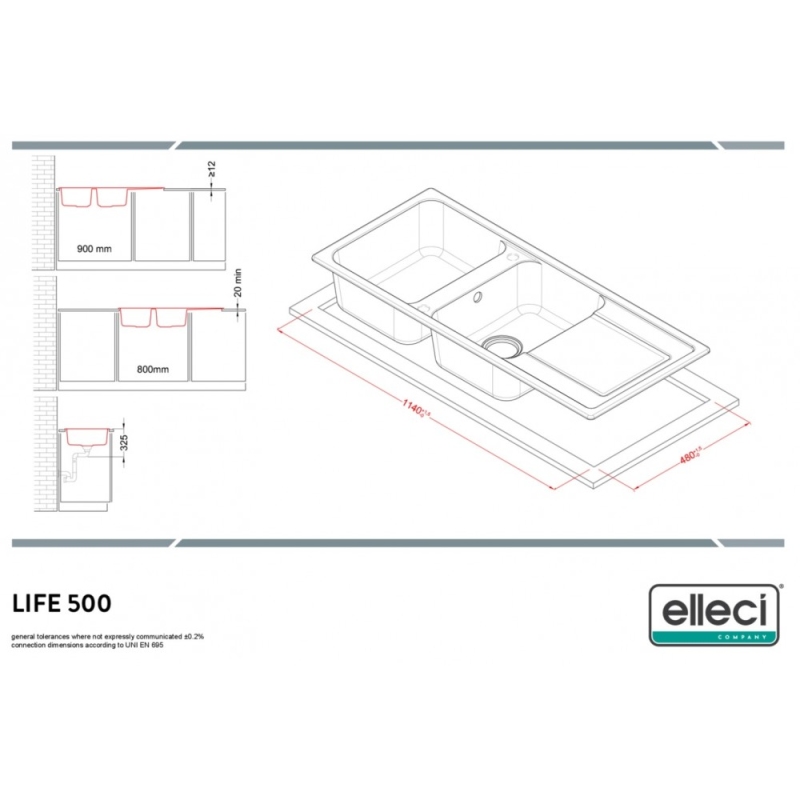 ELLECI LG250051 LAVELLO 116X50 2 VASCHE CON GOCCIOLATOIO REVERSIBILE AVENA