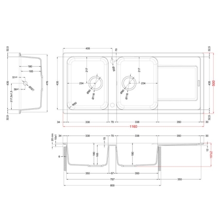 ELLECI LG250051 LAVELLO 116X50 2 VASCHE CON GOCCIOLATOIO REVERSIBILE AVENA